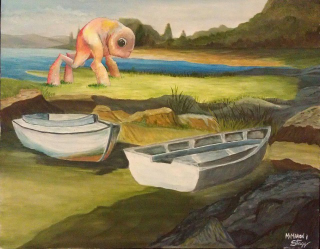 Illustration for article titled Spice up Goodwill paintings by adding monsters